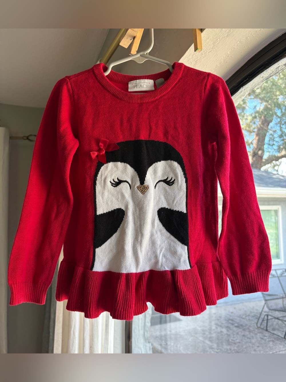 The Children's Place Red Penguin Knit Sweater with Ruffle Hem